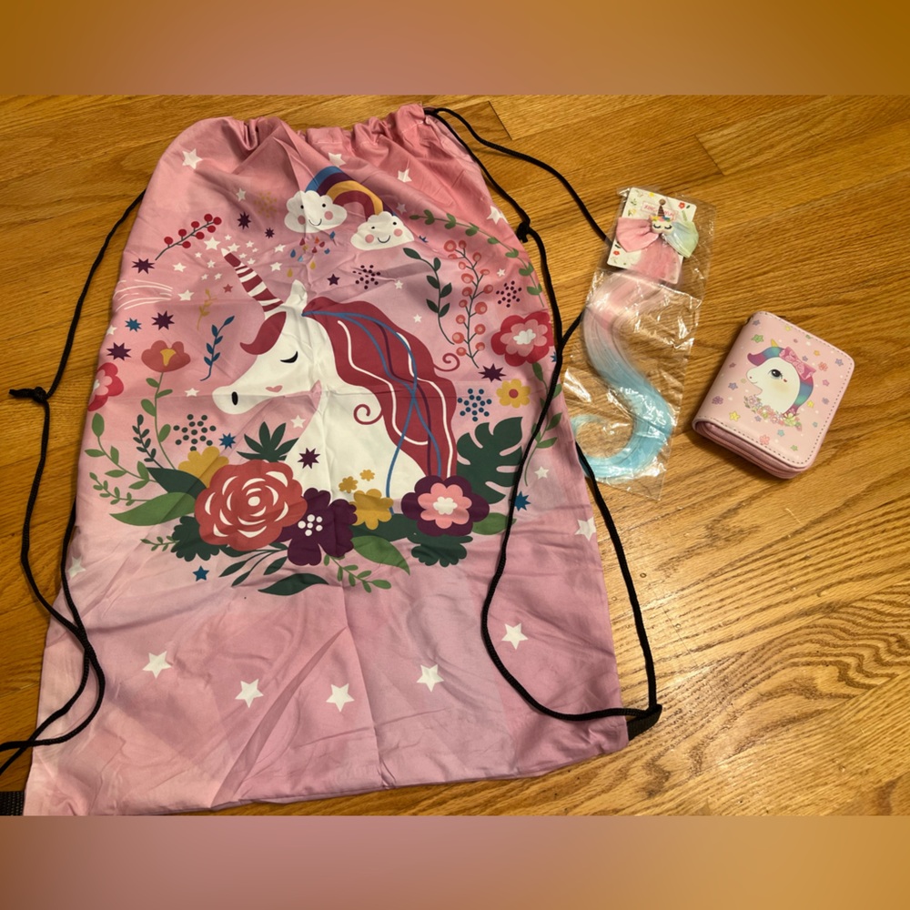 Pink Unicorn Drawstring Bag, wallet and hair piece